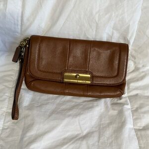 Tan/brown Coach leather wristlet clutch